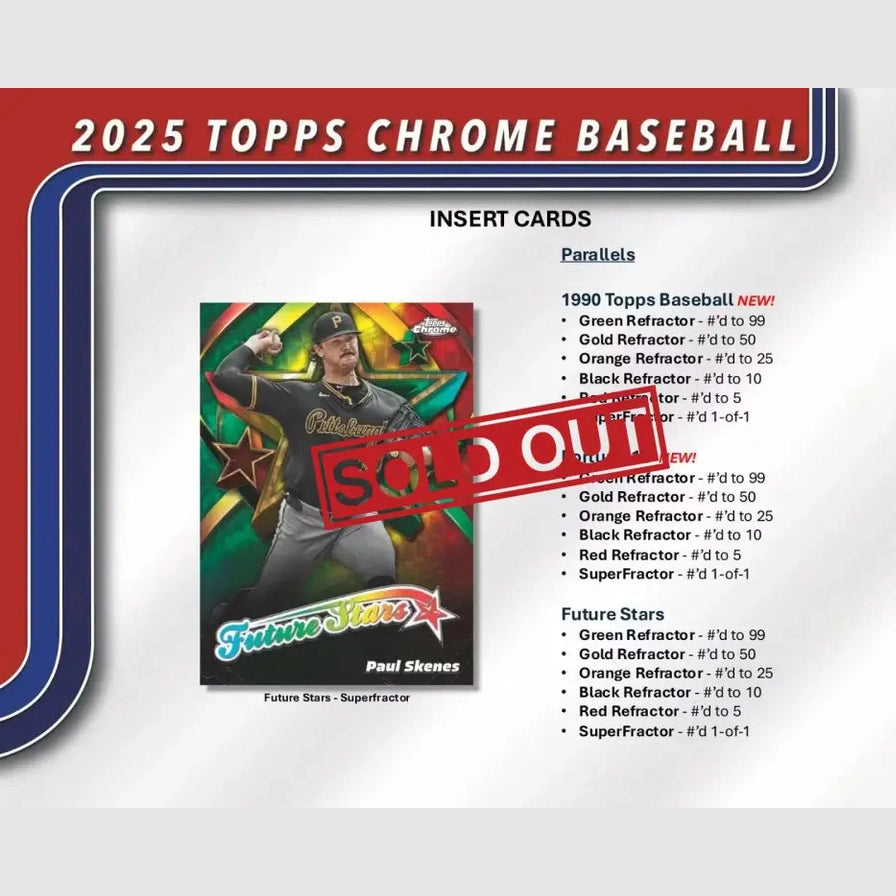 A baseball card featuring Paul Skenes, a ’Future Stars - SuperFractor’ insert, with a ’SOLD OUT’ stamp.