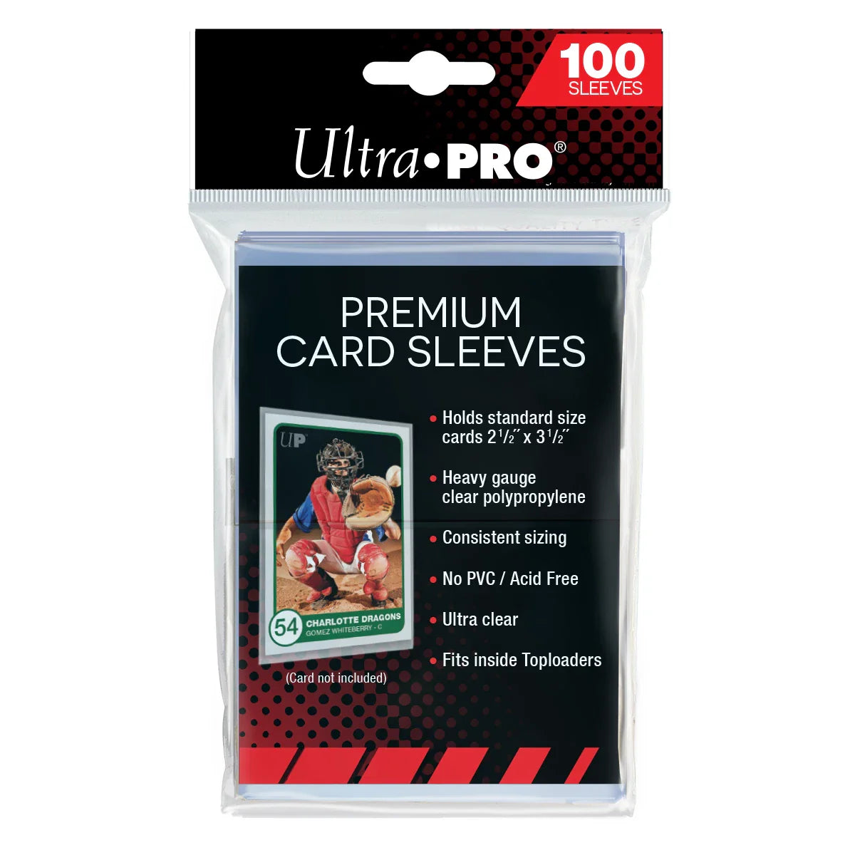 100-count ultra-pro premium card sleeves, clear polypropylene material with heavy gauge construction for protection and durability.