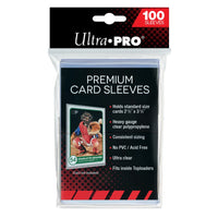 100-count ultra-pro premium card sleeves, clear polypropylene material with heavy gauge construction for protection and durability.