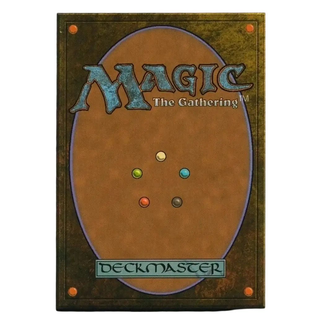 Back of a magic the gathering deckmaster card shown in ultra pro 100 count ultra clear premium card storage sleeves