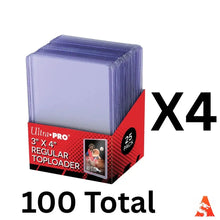 Red and black ultra pro box of 25 transparent plastic regular toploaders for standard size cards 3 x 4 inches