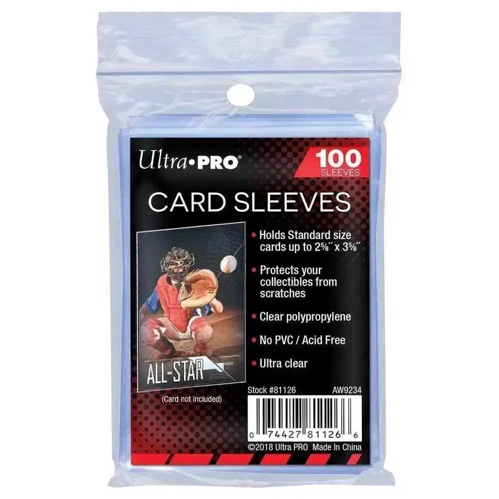 A pack of 100 clear ultra pro standard size card sleeves made from acid-free polypropylene for action and toy figures