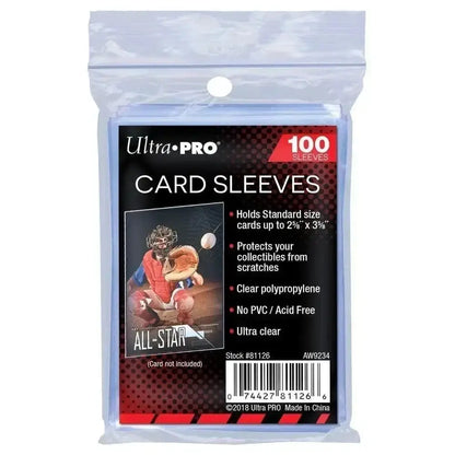 A pack of 100 clear ultra pro standard size card sleeves made from acid-free polypropylene for action and toy figures