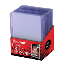 A red and black ultra pro regular toploader pack with 25 clear plastic standard size sleeves for cards