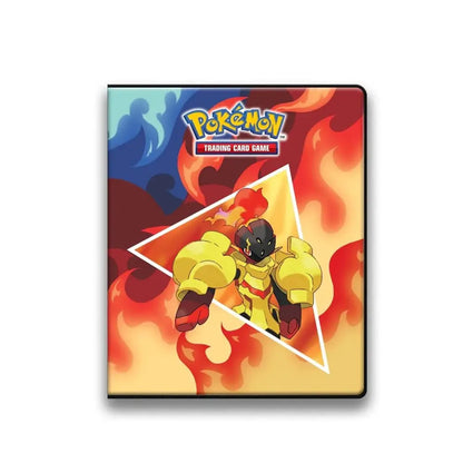 A Pokémon Trading Card Game binder featuring a fiery background and a character with large yellow arms.