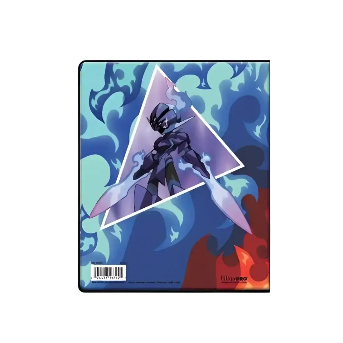 A card binder featuring a stylized character with glowing blue flames.