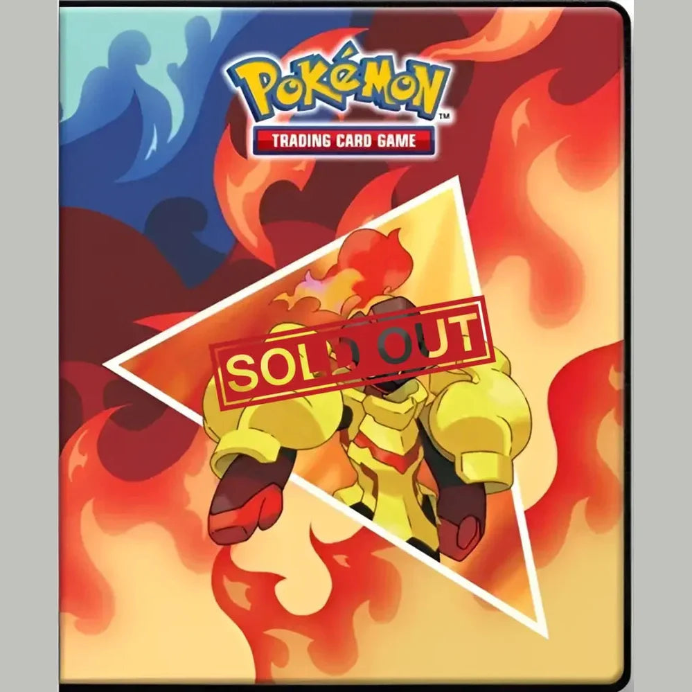A Pokémon Trading Card Game binder featuring an orange and red fire-type Pokémon.