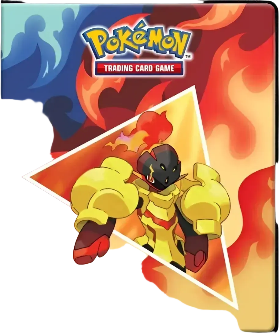 A Pokémon Trading Card Game binder featuring an orange and red fire-type Pokémon.