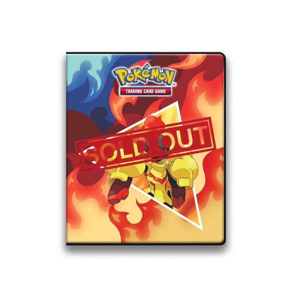 A Pokémon Trading Card Game binder featuring a fiery background and a character with large yellow arms.