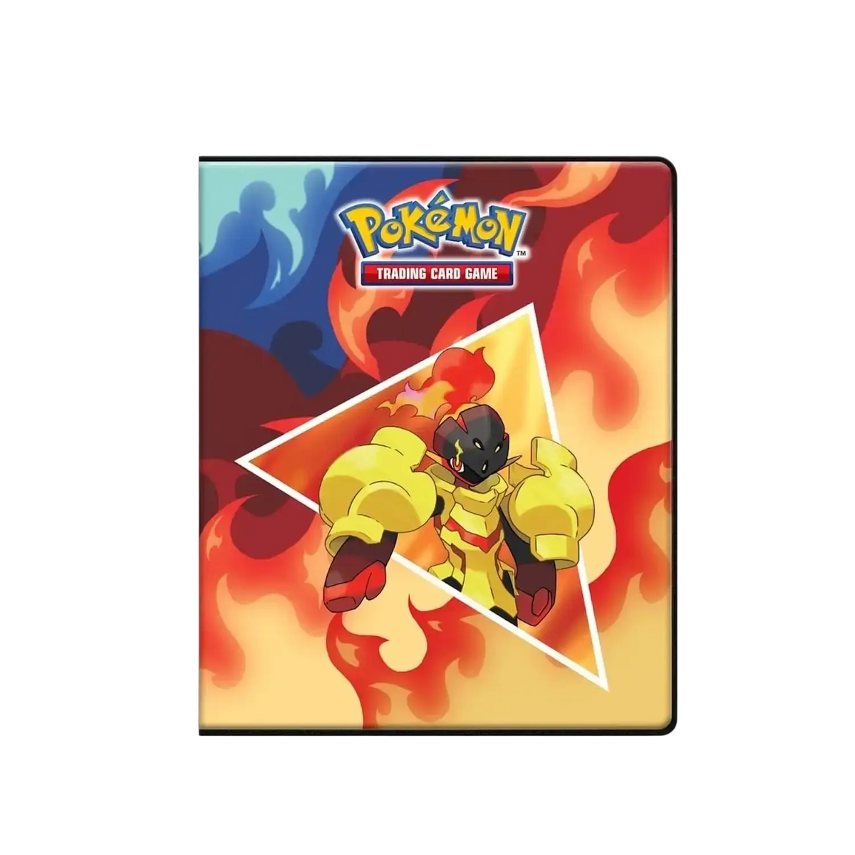 A Pokémon Trading Card Game binder featuring a fiery background and a character with large yellow arms.
