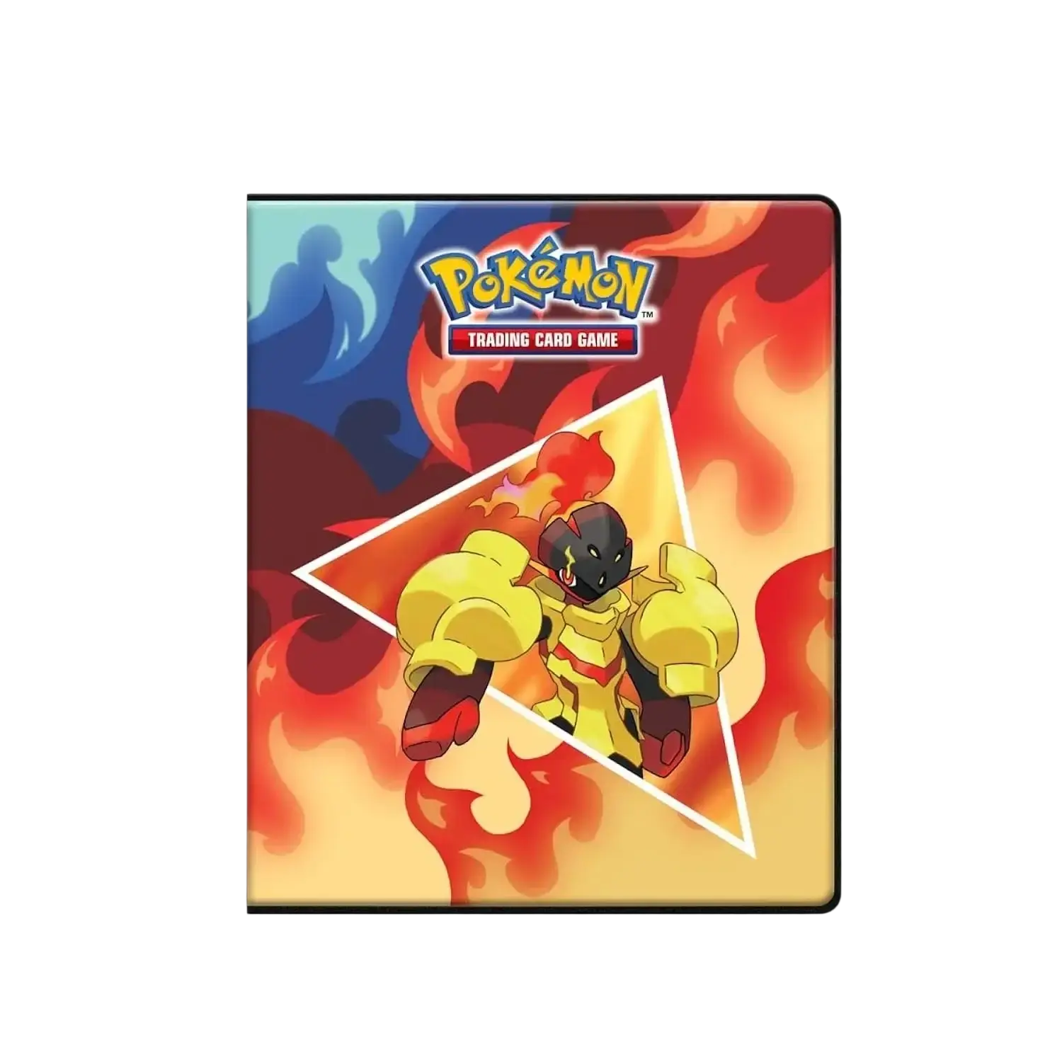 A Pokémon Trading Card Game binder featuring a fiery background and a character with large yellow arms.