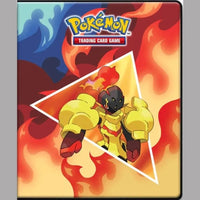 A Pokémon Trading Card Game binder featuring an orange and red fire-type Pokémon.
