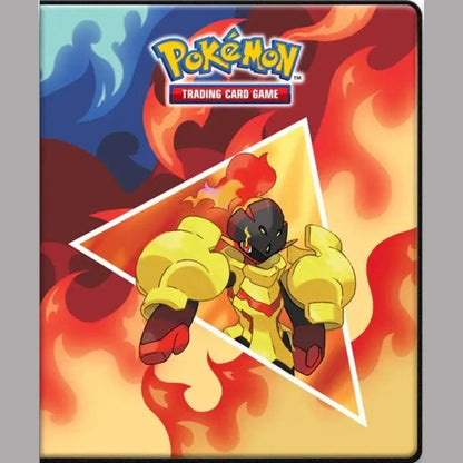 A Pokémon Trading Card Game binder featuring an orange and red fire-type Pokémon.