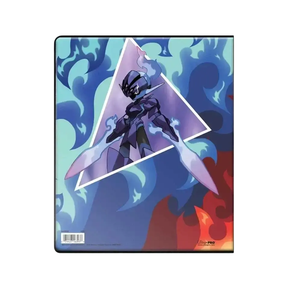 A black and purple armored character with glowing white blades stands in a dynamic pose on the vibrant, flame-themed cover of an ultra-pro deck protector.