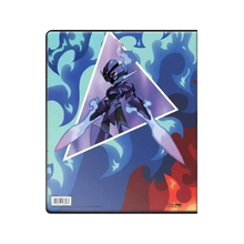 A black and purple armored character with glowing white blades stands in a dynamic pose on the vibrant, flame-themed cover of an ultra-pro deck protector.