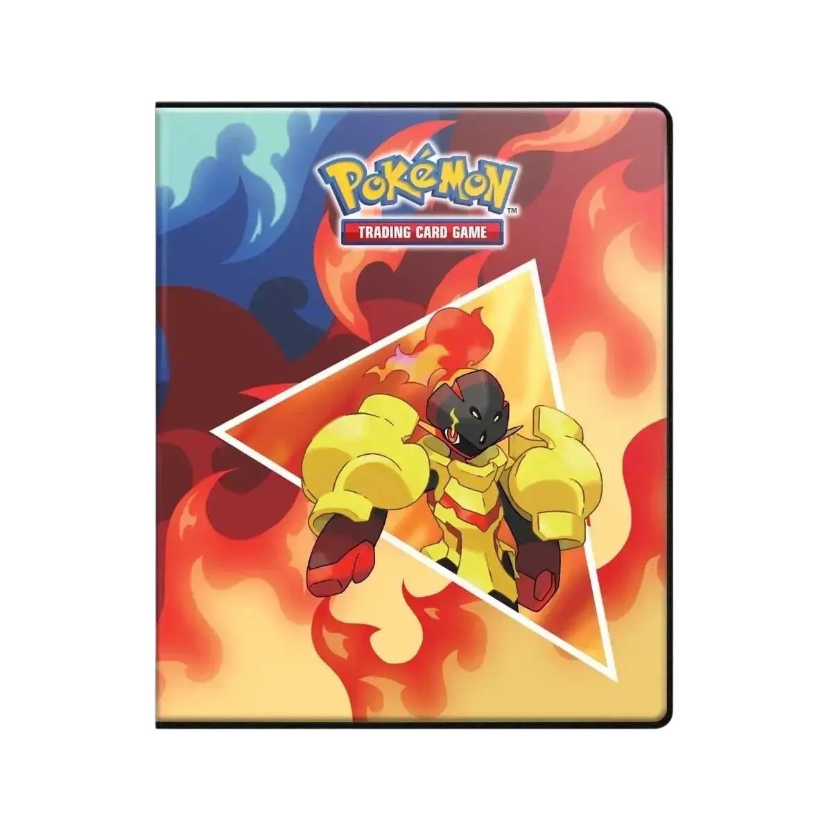 Pokémon trading card game deck box featuring the fiery pokémon magmortar in a dynamic pose against vibrant orange and red flames, framed by a white triangular border.