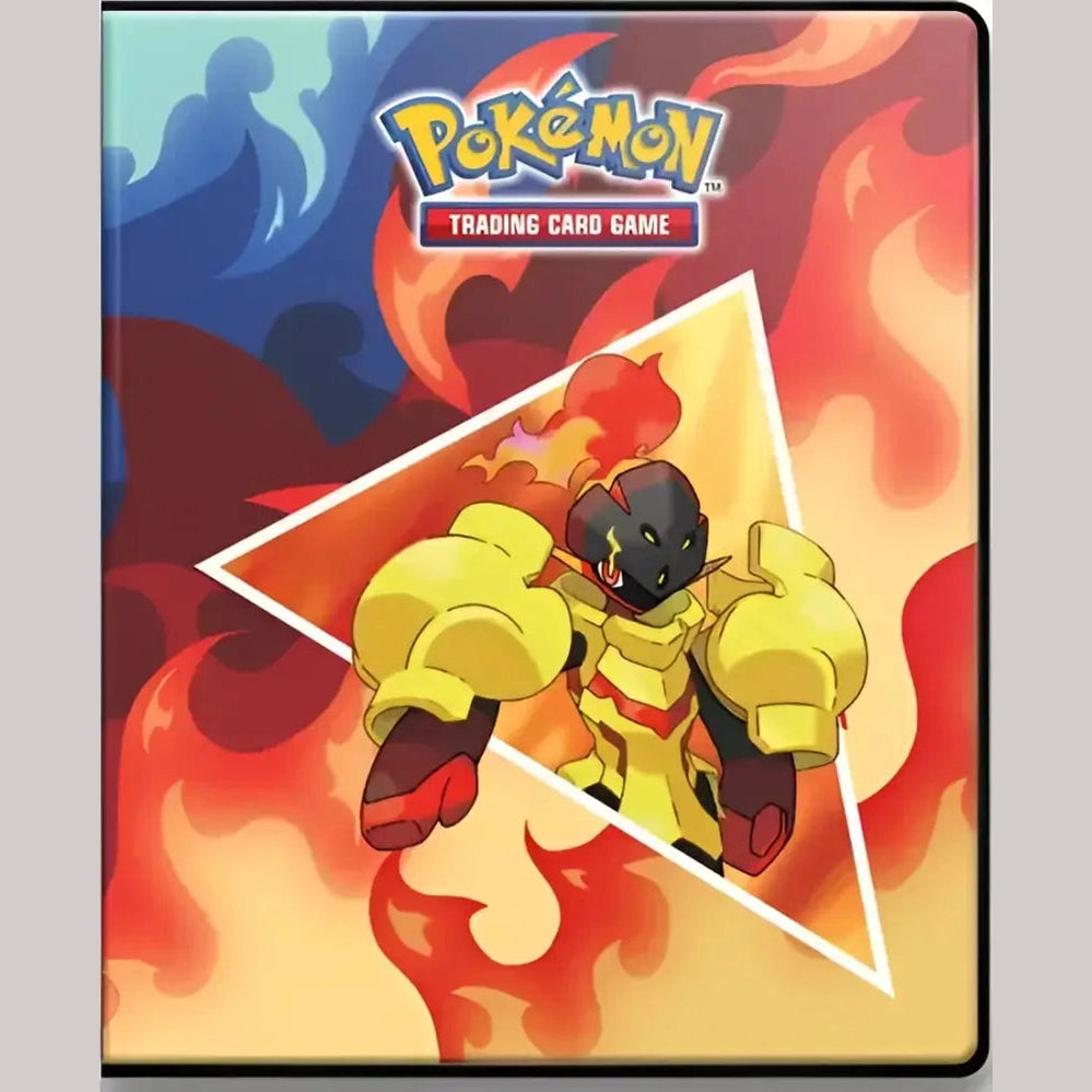 A Pokémon Trading Card Game binder featuring a fiery-themed background and an armored, fire-type Pokémon, likely for storing collectible cards.