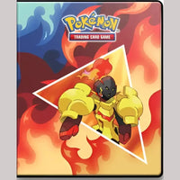 A Pokémon Trading Card Game binder featuring a fiery-themed background and an armored, fire-type Pokémon, likely for storing collectible cards.