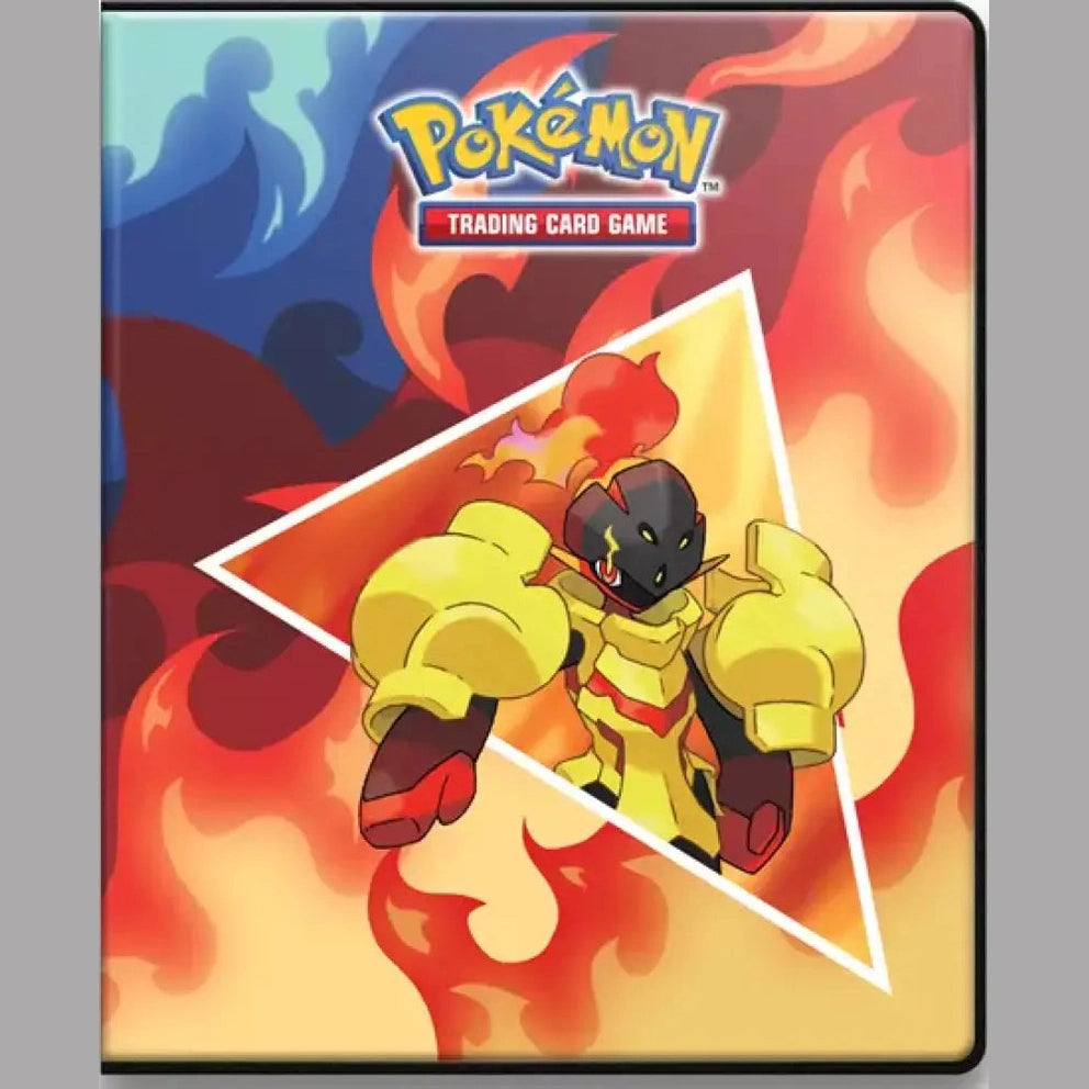 A Pokémon Trading Card Game binder featuring a fiery-themed background and an armored, fire-type Pokémon, likely for storing collectible cards.