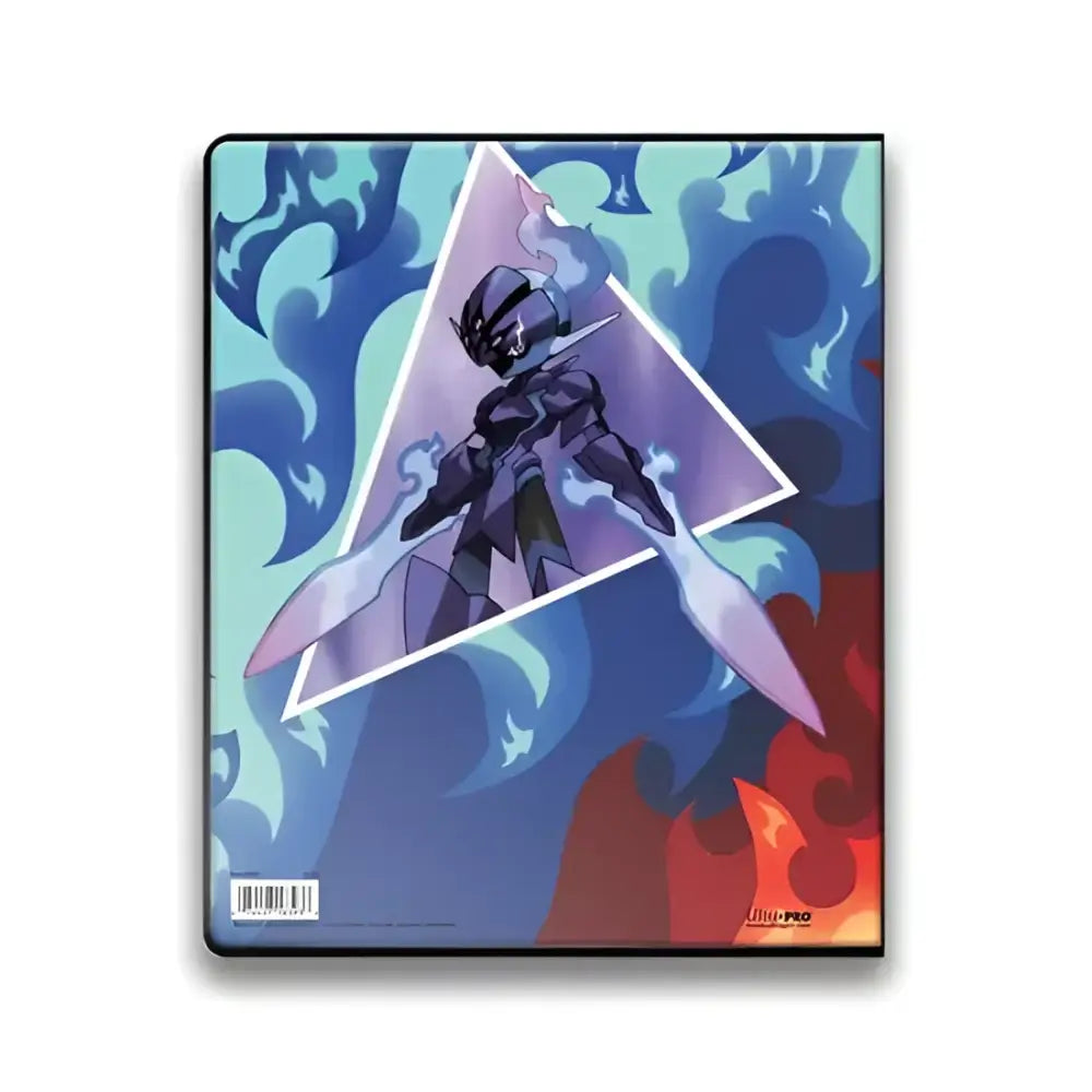 A trading card binder featuring a stylized character with fiery blue and red accents.