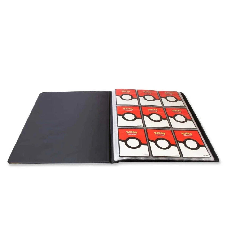 Black plastic pokémon card album with nine red and white poké ball-themed protective sleeves.