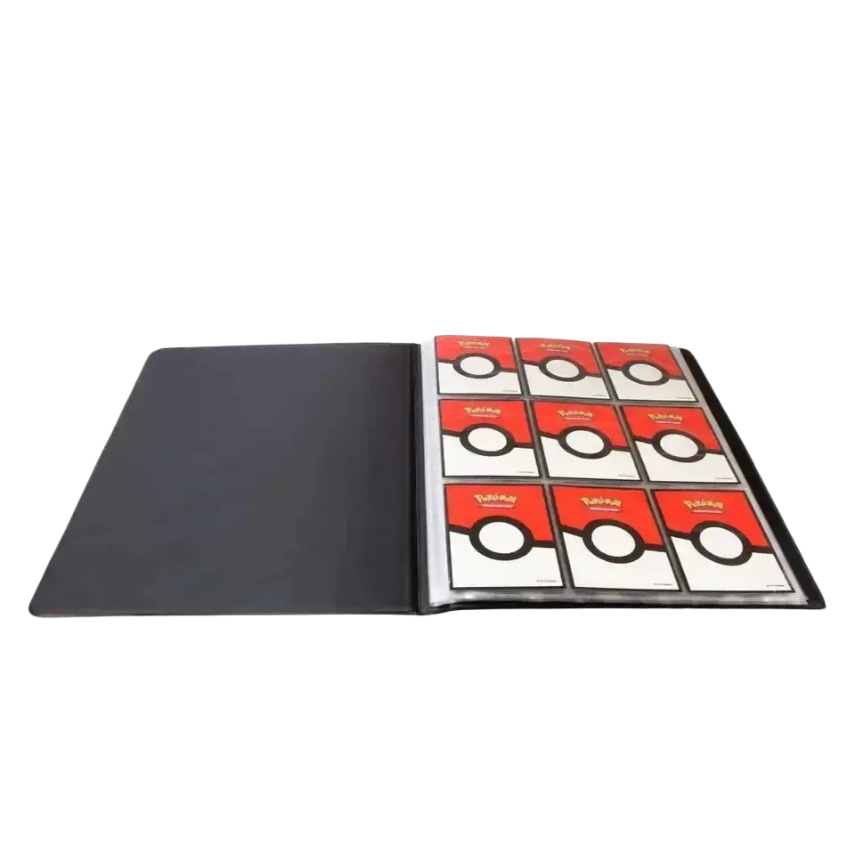 Black plastic pokémon card album with nine red and white poké ball-themed protective sleeves.