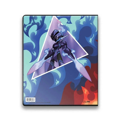A black and purple armored character with glowing white blades stands in a dynamic pose on the vibrant, flame-themed cover of an ultra-pro deck protector.