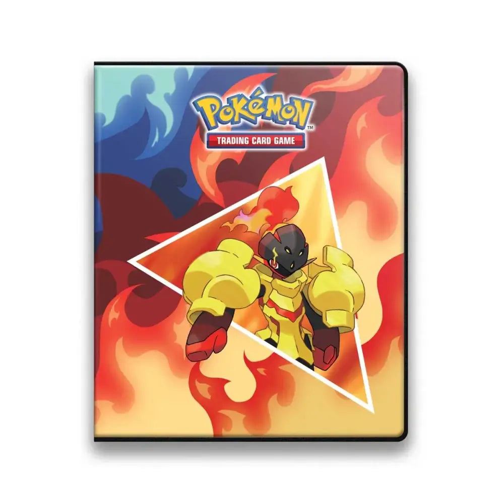 A black-bordered Pokémon Trading Card Game binder featuring a yellow and red fire-type Pokémon, framed by a white triangle, on a background of red and blue flames.