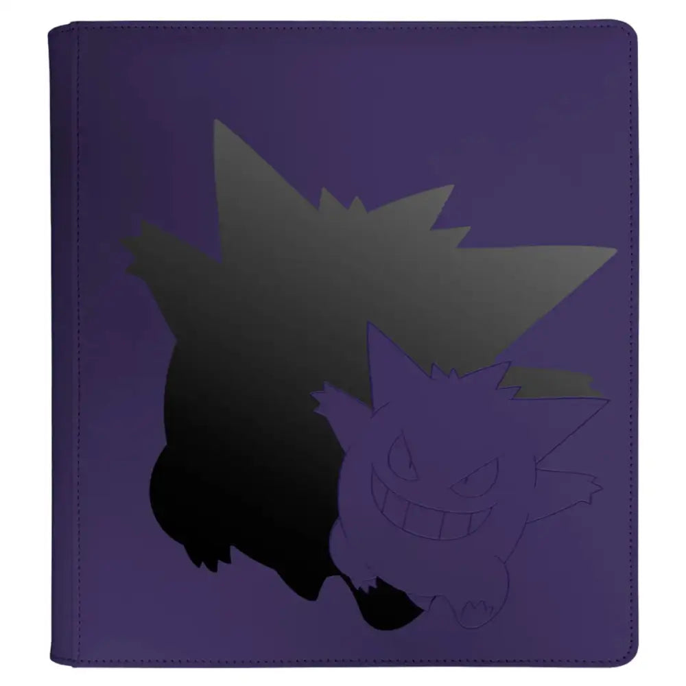 Purple binder with black pikachu design, plastic cover.