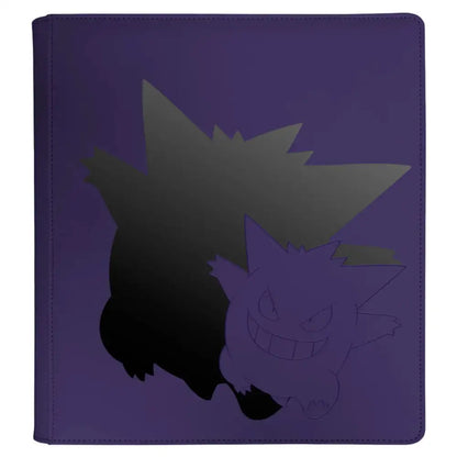 Purple binder with black pikachu design, plastic cover.