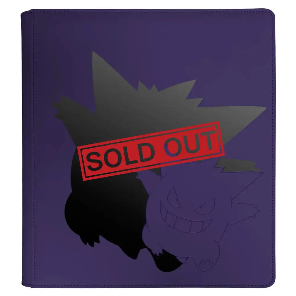 Purple binder with black pikachu design, plastic cover.