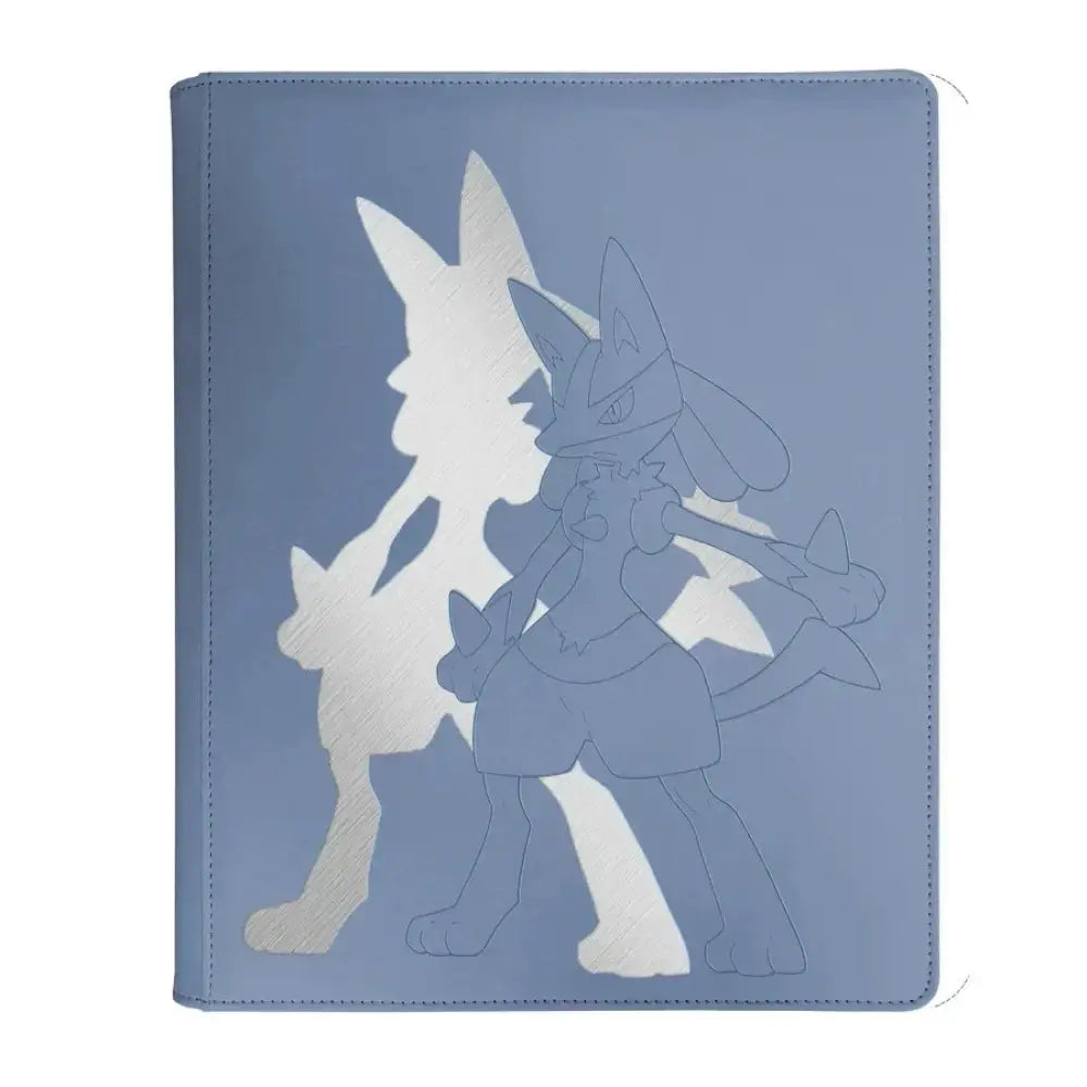 Blue binder with white cutout design of link and his dog from the legend of zelda series.