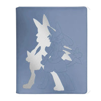 Blue faux leather pokémon card holder featuring a subtle embossed design of lucario and its silhouette.