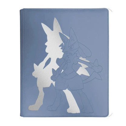Blue faux leather pokémon card holder featuring a subtle embossed design of lucario and its silhouette.