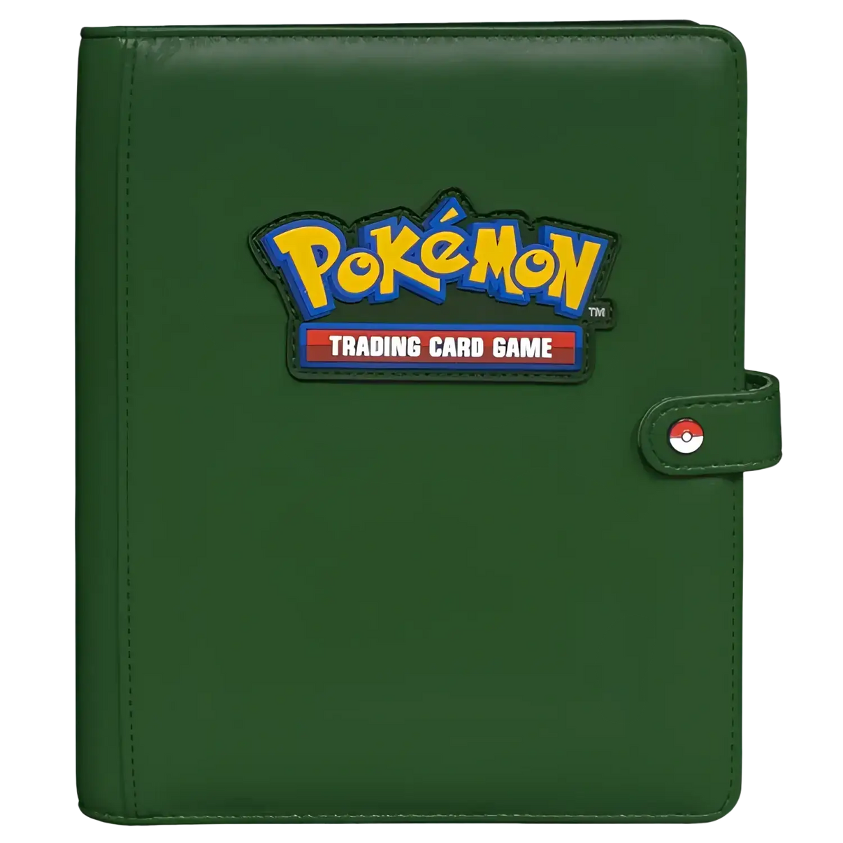 Dark green ultra pro pokemon premium snap binder with yellow blue logo patch and red white black poké ball clasp