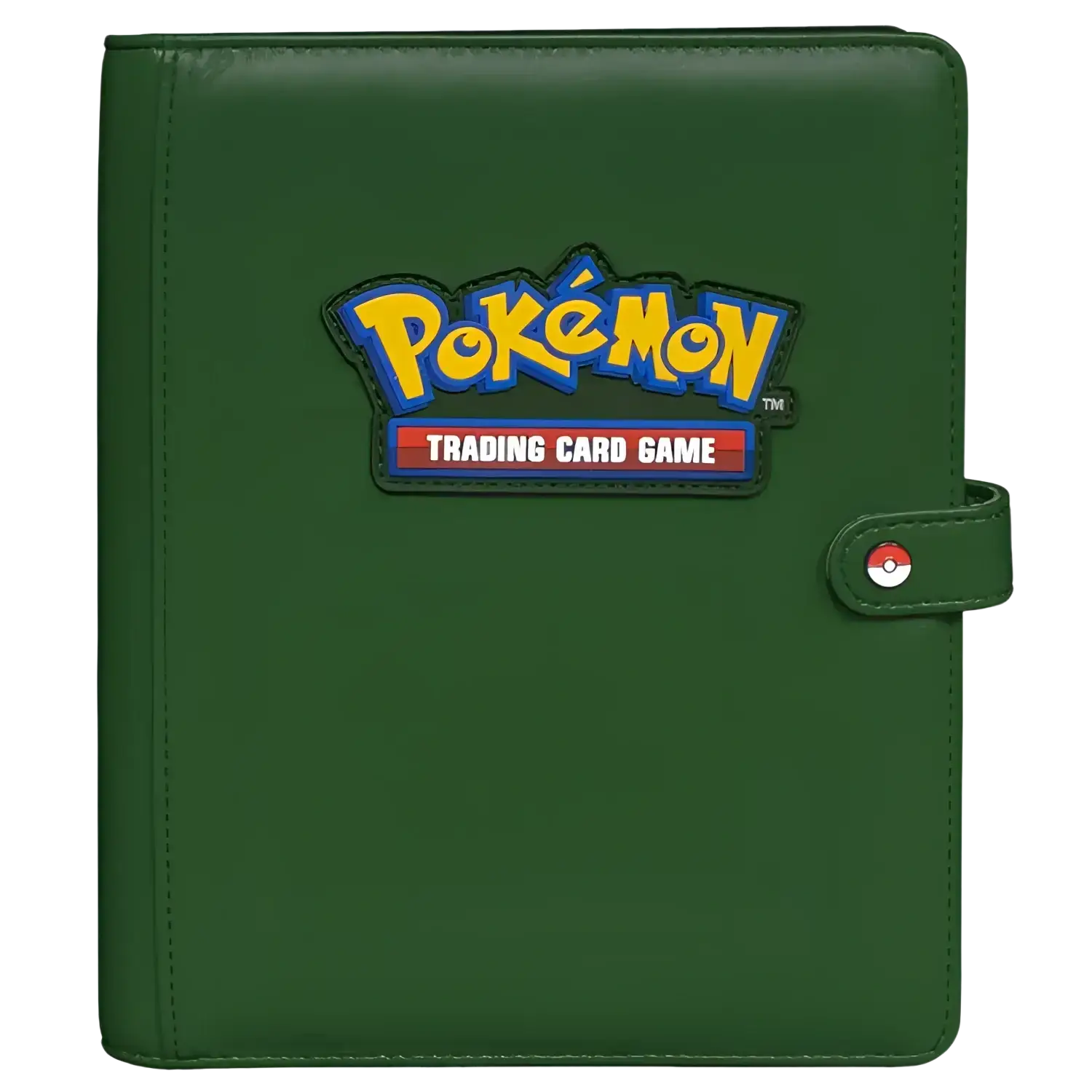 Dark green ultra pro pokemon premium snap binder with yellow blue logo patch and red white black poké ball clasp