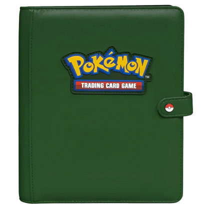 Dark green ultra pro pokemon premium snap binder with yellow blue logo patch and red white black poké ball clasp