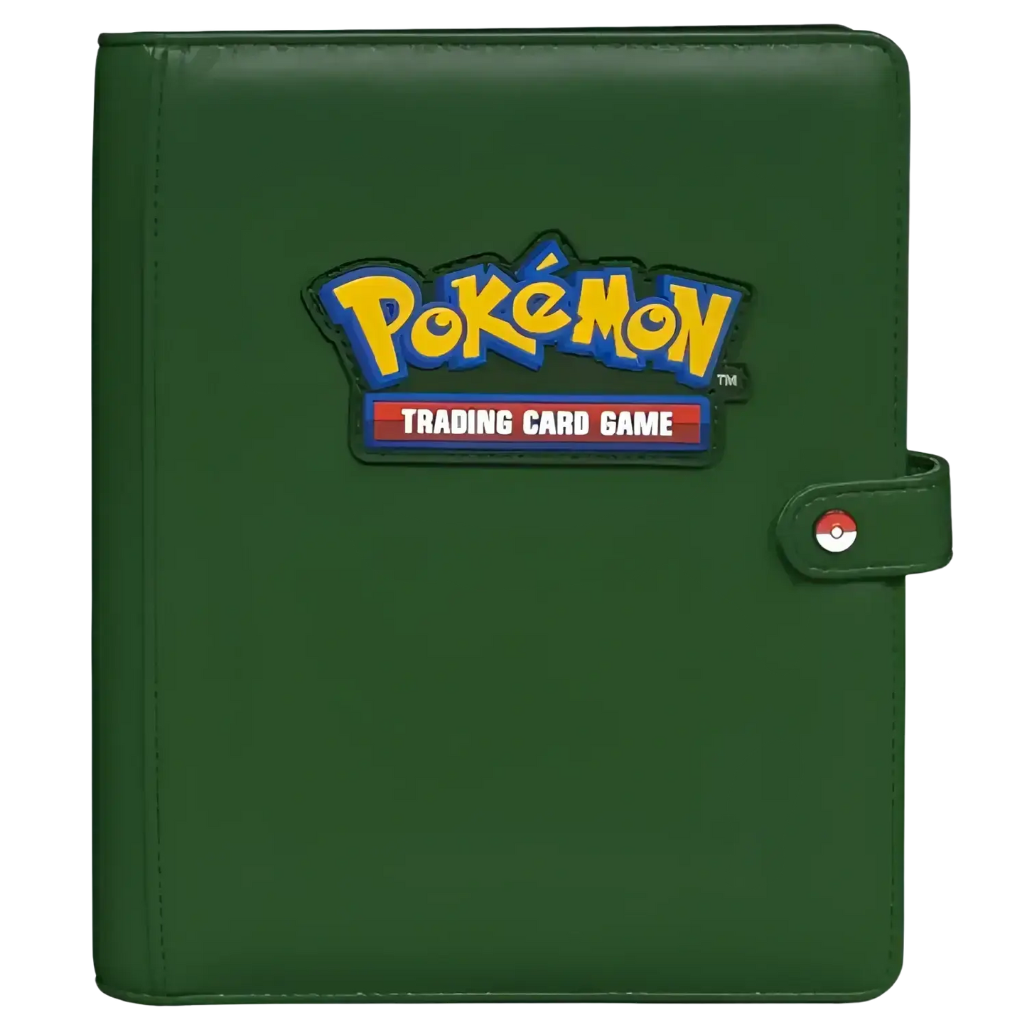 Dark green ultra pro pokemon premium snap binder with yellow and blue logo patch and poké ball button closure