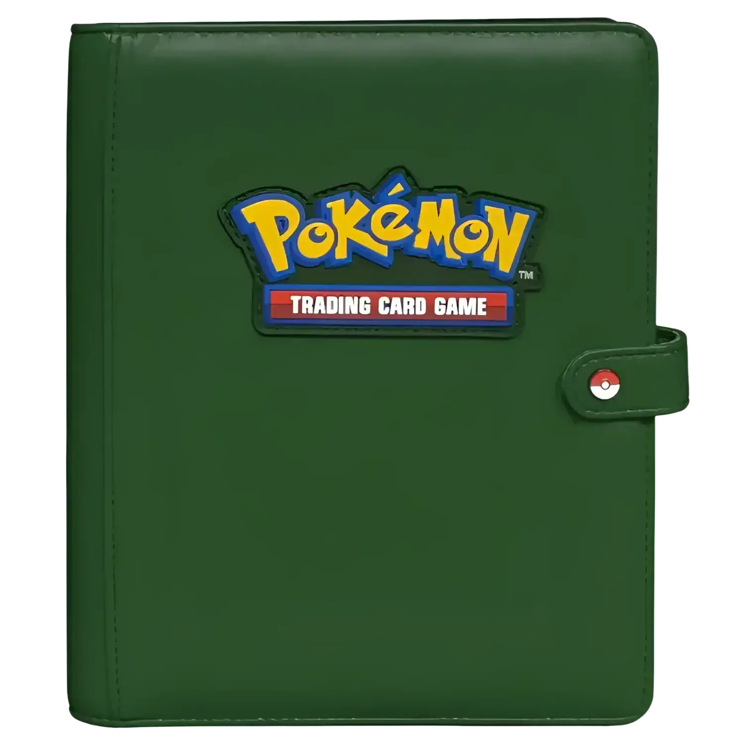 Dark green ultra pro pokemon premium snap binder with yellow and blue logo patch and poké ball button closure