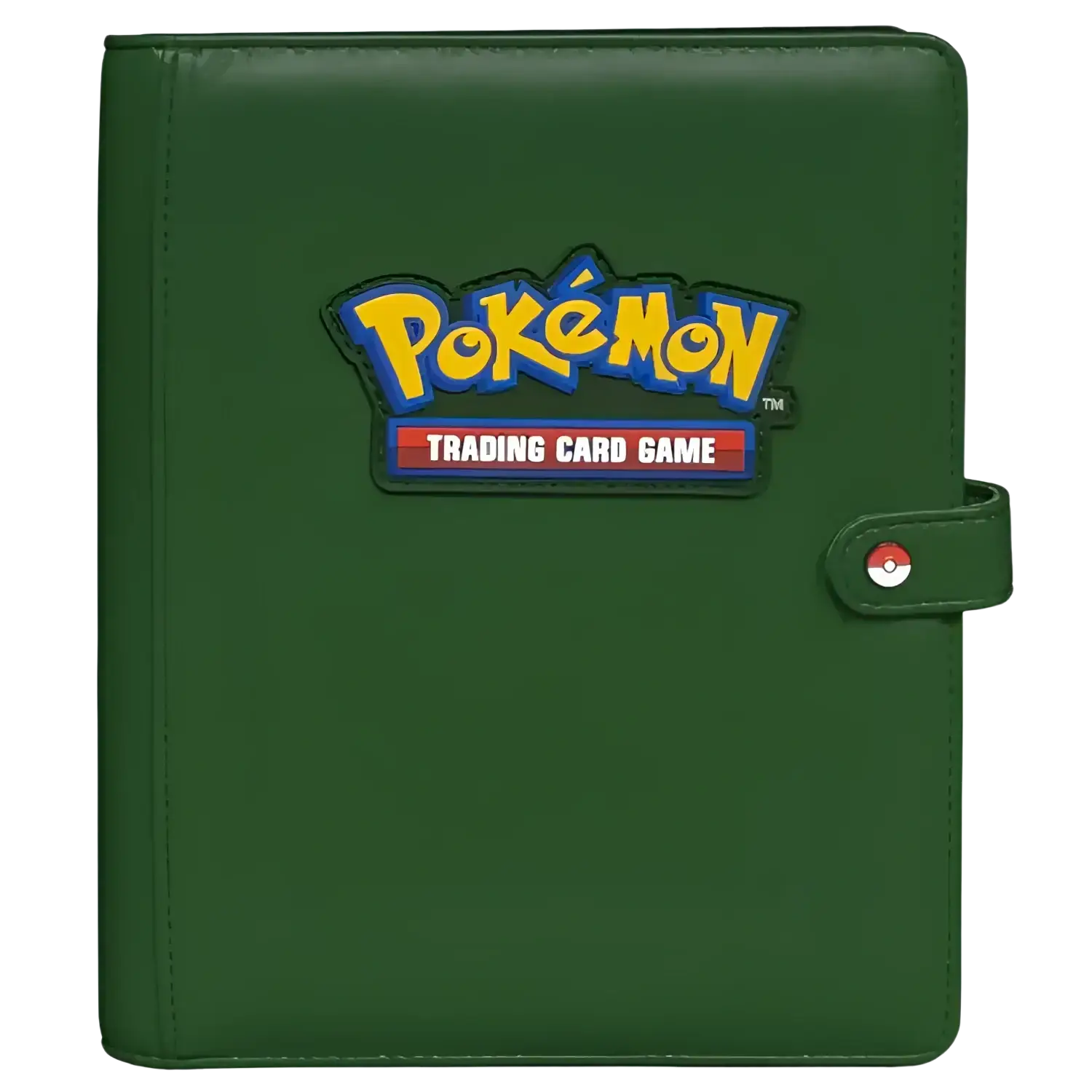 Dark green ultra pro pokemon premium snap binder with yellow and blue logo patch and poké ball button closure