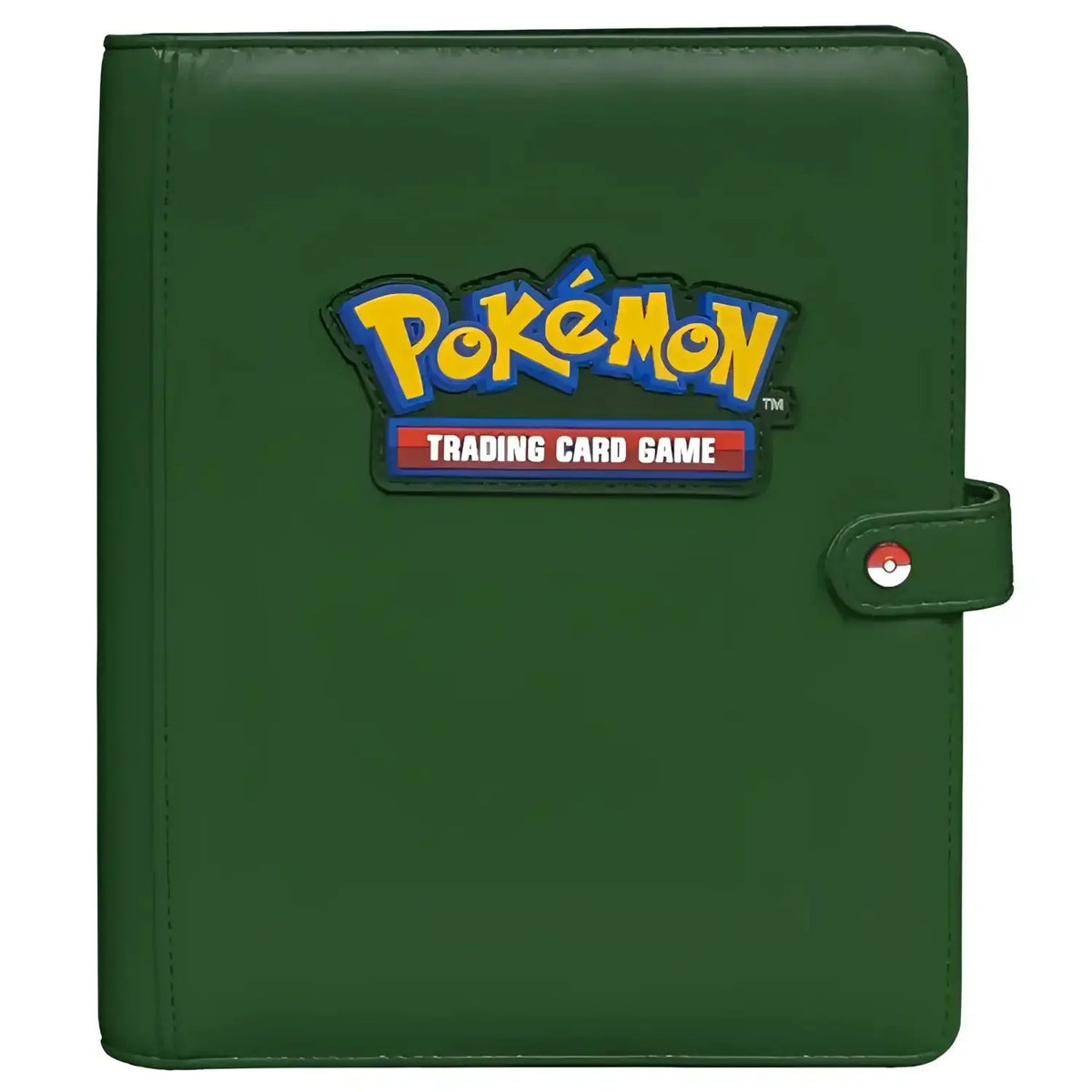 Dark green ultra pro pokemon premium snap binder with yellow blue logo patch and red white black poké ball clasp
