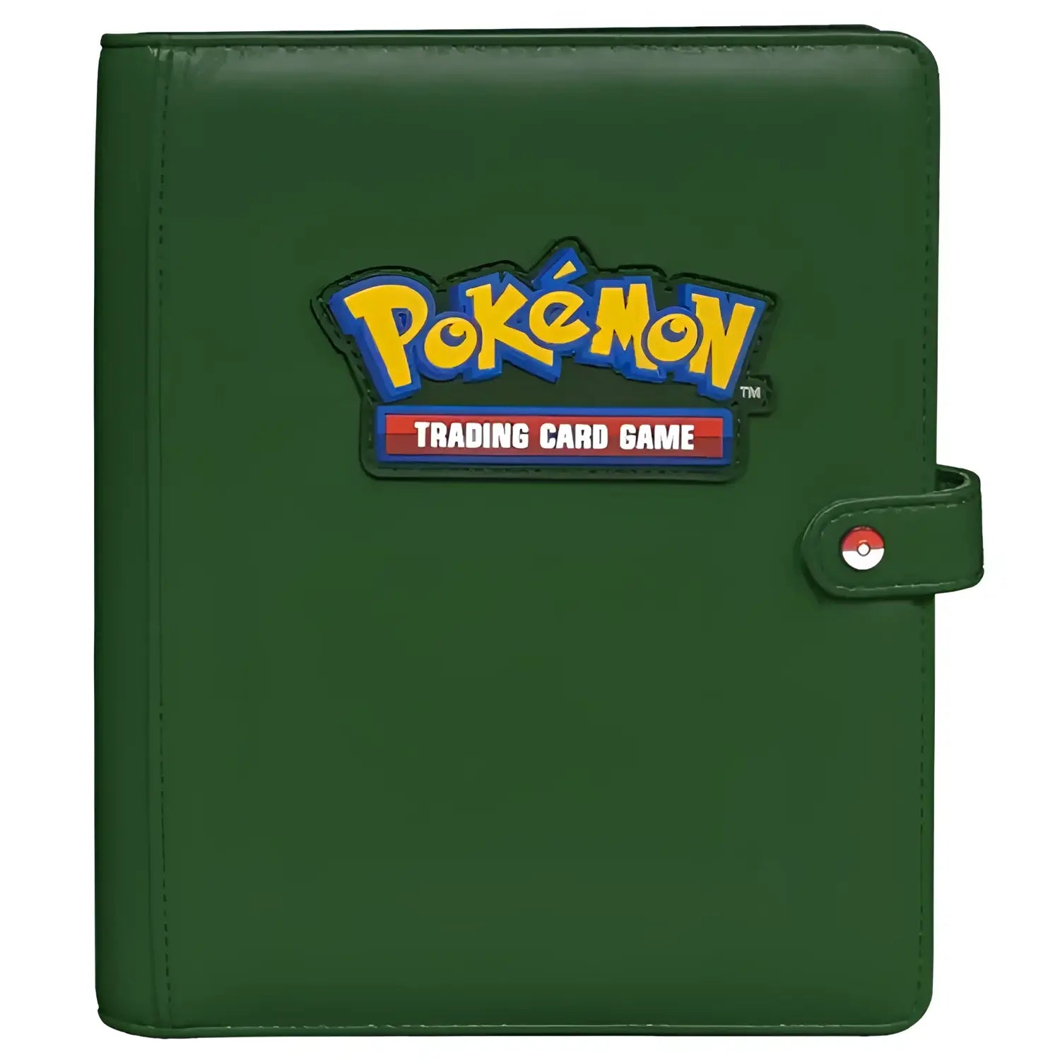 Dark green ultra pro pokemon premium snap binder with yellow blue logo patch and red white black poké ball clasp