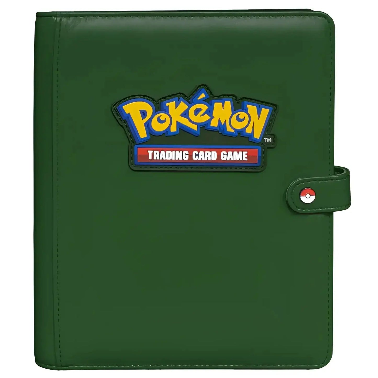 Dark green ultra pro pokemon premium snap binder with yellow blue logo patch and red white black poké ball clasp
