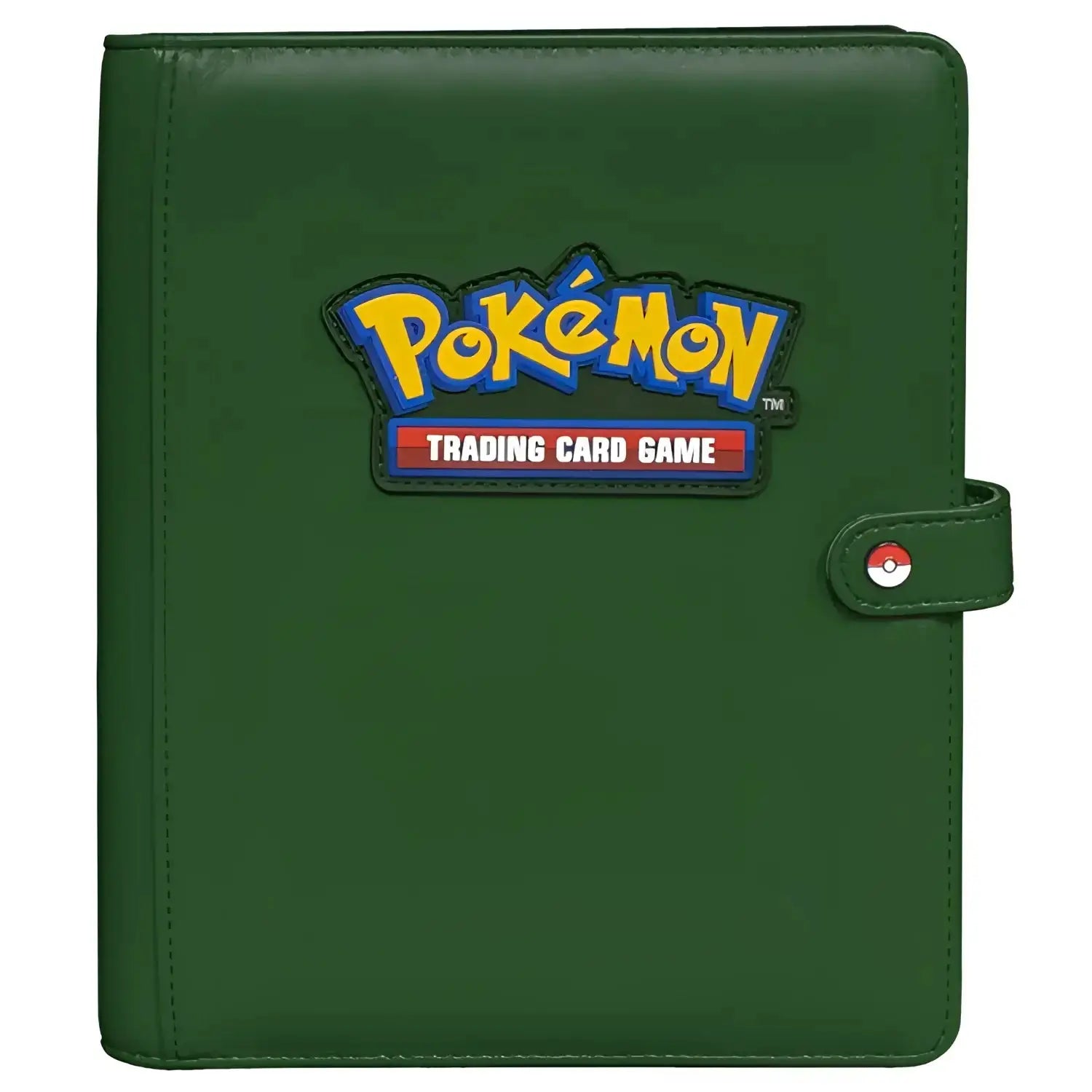 Dark green ultra pro pokemon premium snap binder with yellow blue logo patch and red white black poké ball clasp