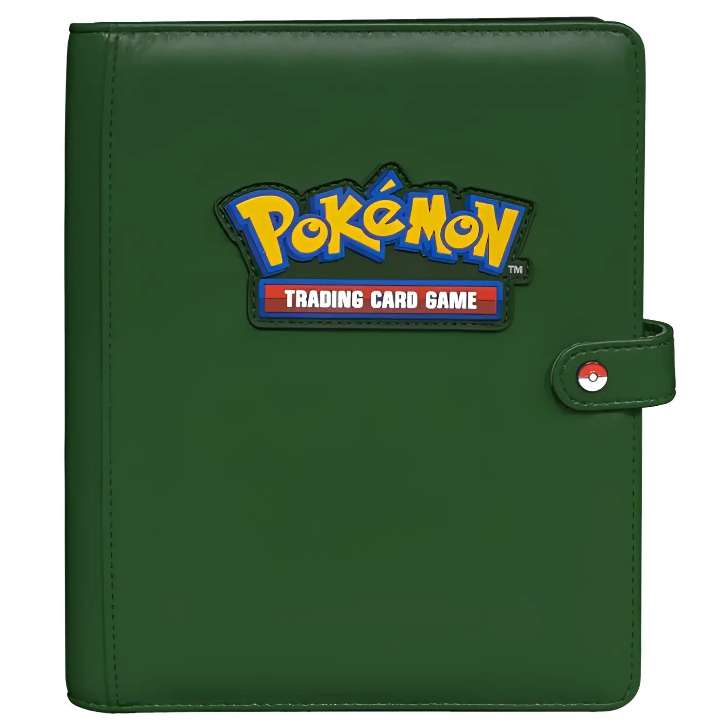 Dark green ultra pro pokemon premium snap binder with yellow blue logo patch and red white black poké ball clasp