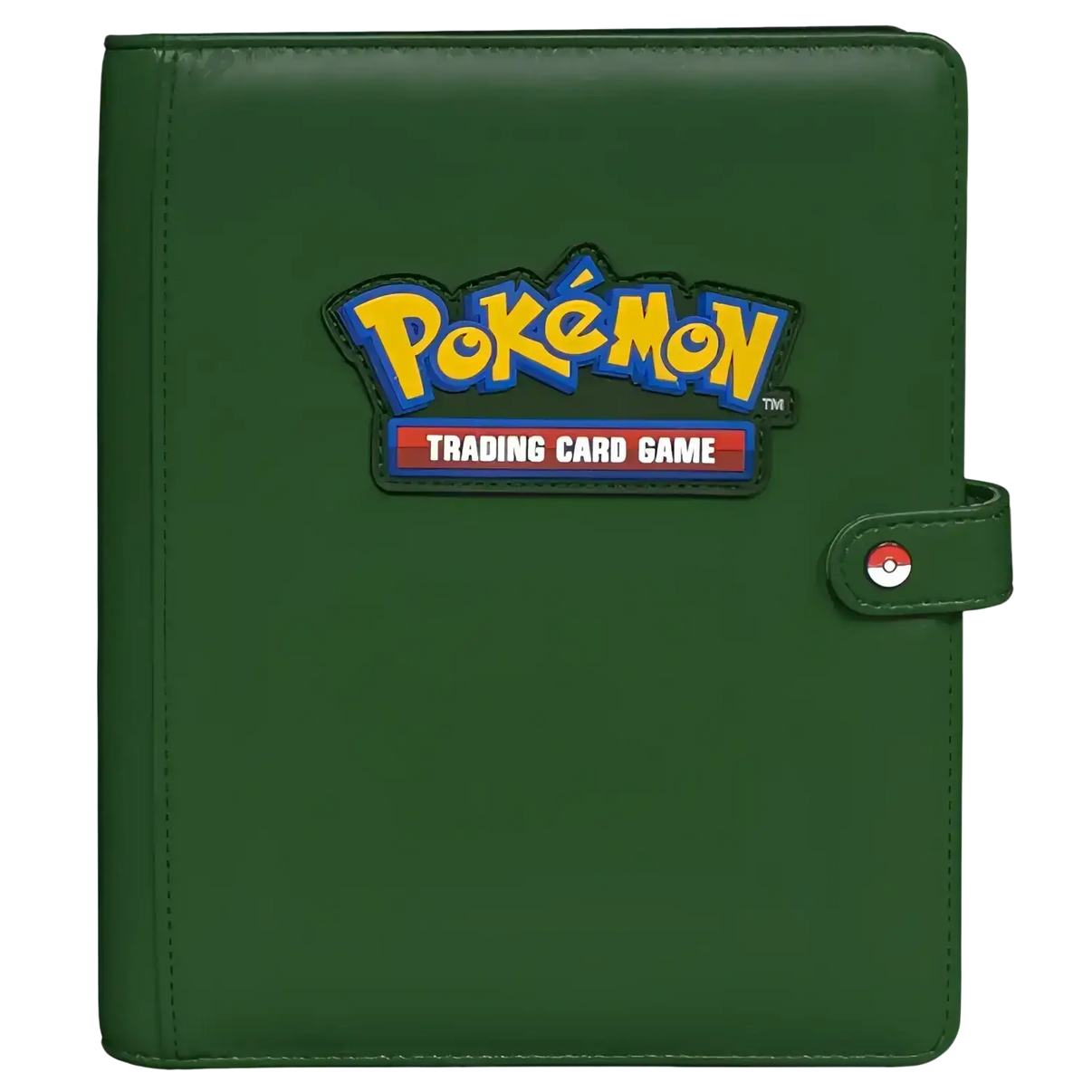 Dark green ultra pro pokemon premium snap binder with yellow blue logo patch and red white black poké ball clasp