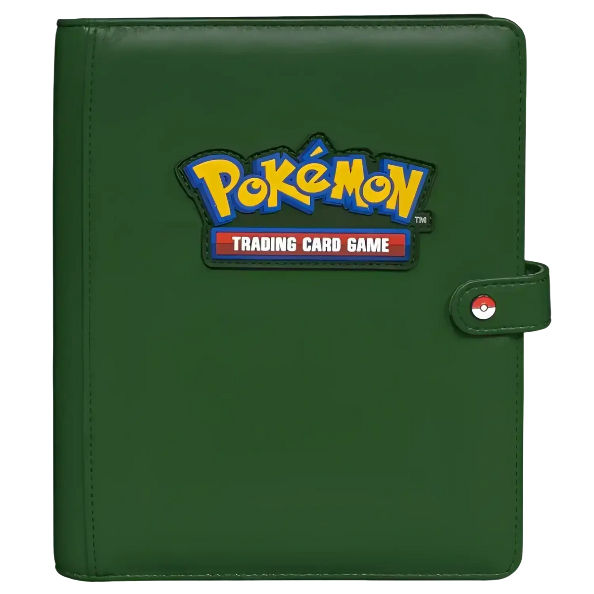 Dark green ultra pro pokemon premium snap binder with yellow blue logo patch and red white black poké ball clasp