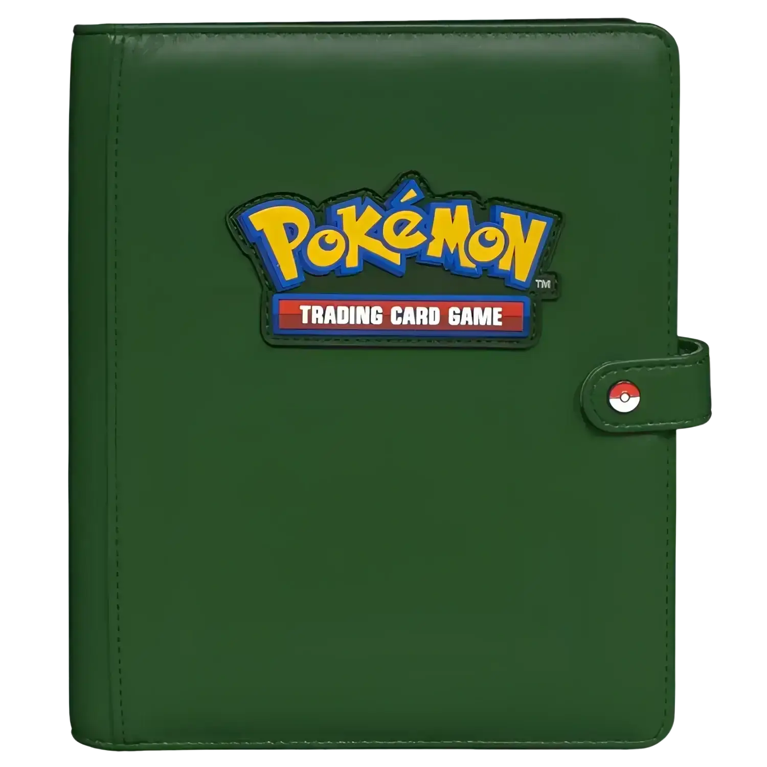 Dark green ultra pro pokemon premium snap binder with yellow blue logo patch and red white black poké ball clasp