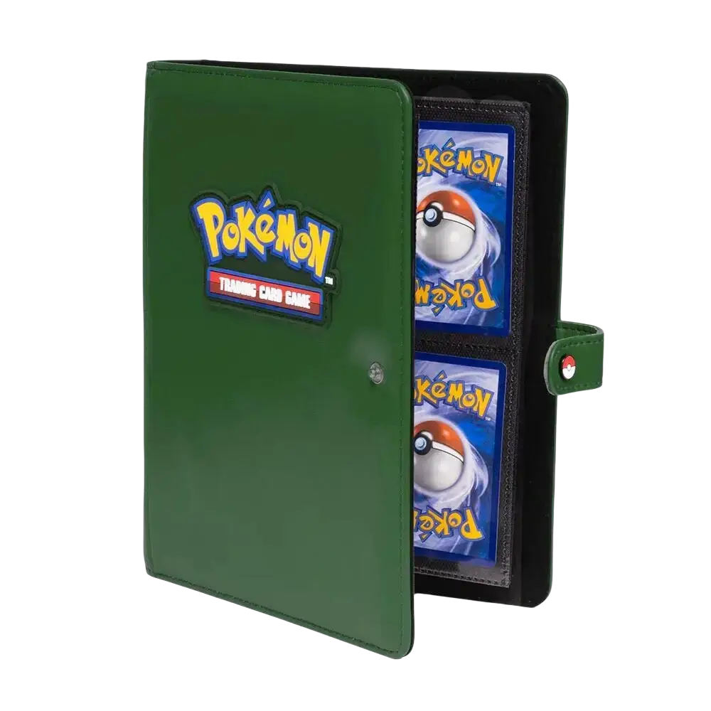 Ultra Pro green pokemon premium snap binder with stitched edge and red and white poké ball emblem on strap