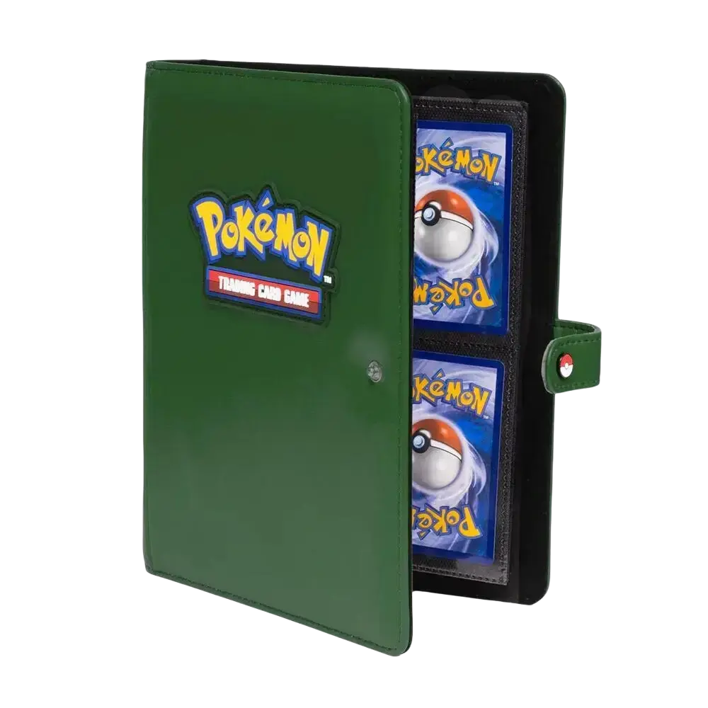 Ultra Pro green pokemon premium snap binder with stitched edge and red and white poké ball emblem on strap